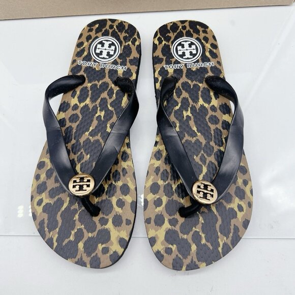 Tory Burch Eva Sole Flip Flops Black Leopard Print Logo Thong Sandal Womens US 5 - Picture 1 of 12